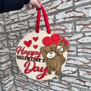 Valentines day teddy bear door hanger, wooden heart front door decor